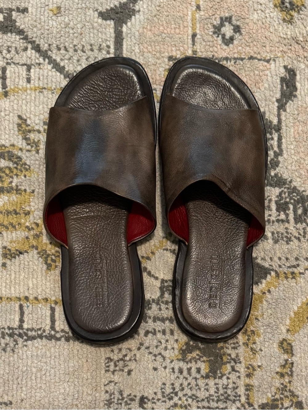 Bed Stu Brown Leather Slide Sandals with Red Lining